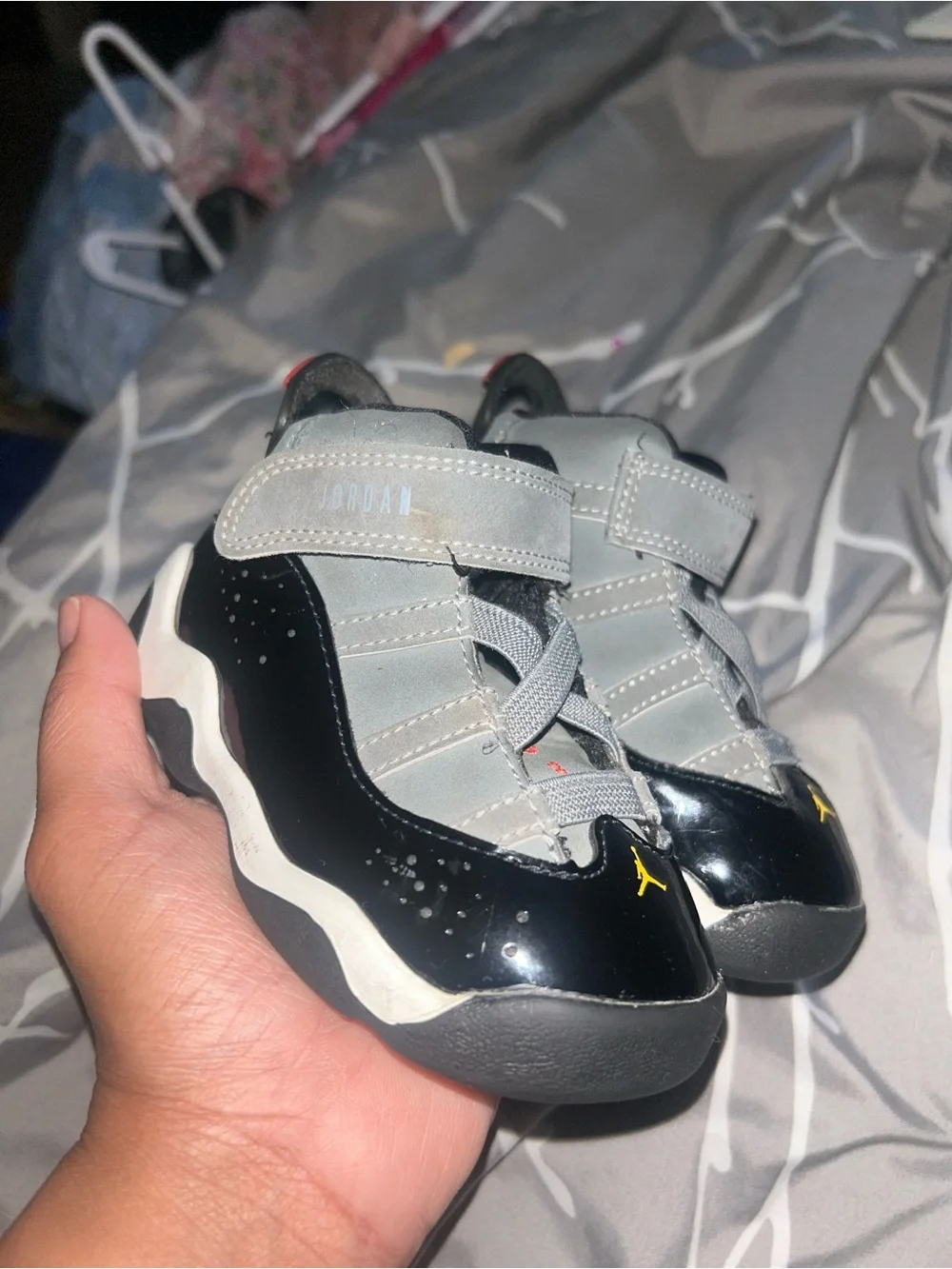 Jordan Kids Gray and Black Velcro Basketball Sneakers with Yellow Jumpman